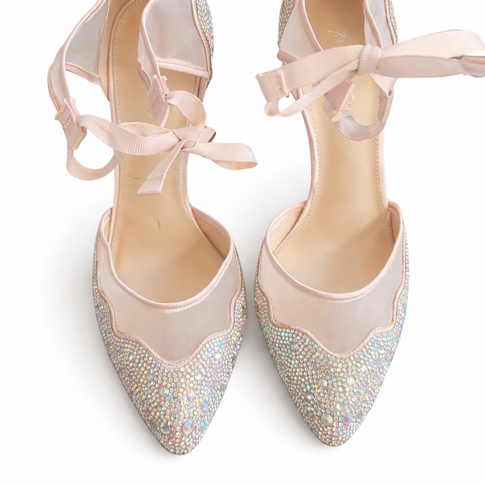 Betsey Johnson SB-Iris Blush Rhinestone Pumps Ankle Tie Wedding Heels Size 9.5